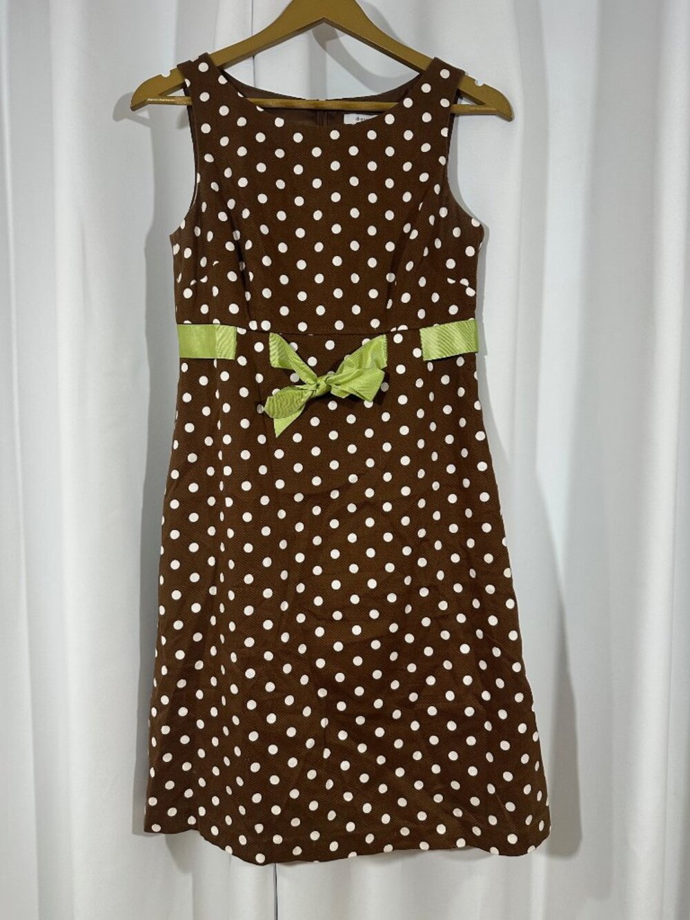 DressBarn Size 4 Brown White Polka Dot Fit Flare Dress Green Bow